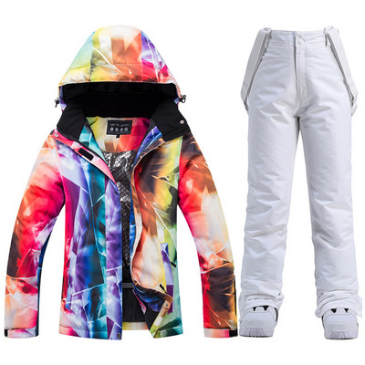 Storas šiltas slidinėjimo kostiumas moterims, vandeniui atsparus šiluminės striukės kelnių rinkinys Moteriški sniego drabužiai lauko snieglenčių apranga Firminė slidinėjimo apranga