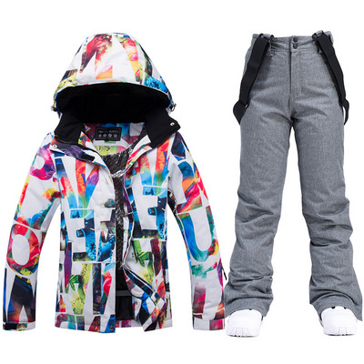 Storas šiltas slidinėjimo kostiumas moterims, vandeniui atsparus šiluminės striukės kelnių rinkinys Moteriški sniego drabužiai lauko snieglenčių apranga Firminė slidinėjimo apranga