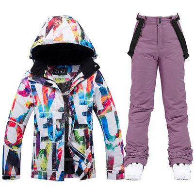 Storas šiltas slidinėjimo kostiumas moterims, vandeniui atsparus šiluminės striukės kelnių rinkinys Moteriški sniego drabužiai lauko snieglenčių apranga Firminė slidinėjimo apranga