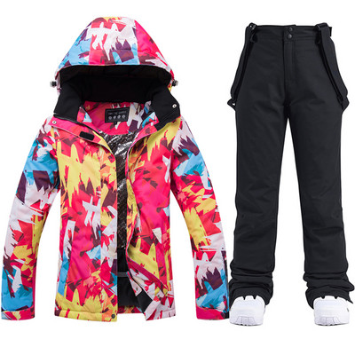 Storas šiltas slidinėjimo kostiumas moterims, vandeniui atsparus šiluminės striukės kelnių rinkinys Moteriški sniego drabužiai lauko snieglenčių apranga Firminė slidinėjimo apranga