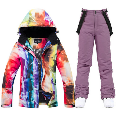 Storas šiltas slidinėjimo kostiumas moterims, vandeniui atsparus šiluminės striukės kelnių rinkinys Moteriški sniego drabužiai lauko snieglenčių apranga Firminė slidinėjimo apranga