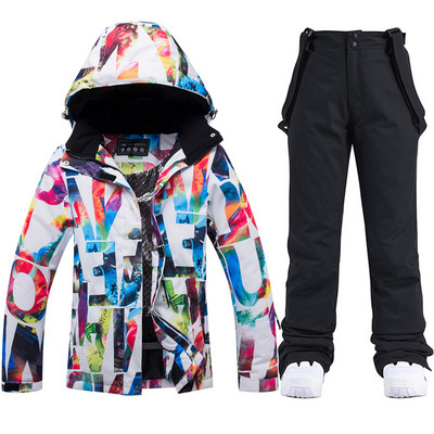 Storas šiltas slidinėjimo kostiumas moterims, vandeniui atsparus šiluminės striukės kelnių rinkinys Moteriški sniego drabužiai lauko snieglenčių apranga Firminė slidinėjimo apranga