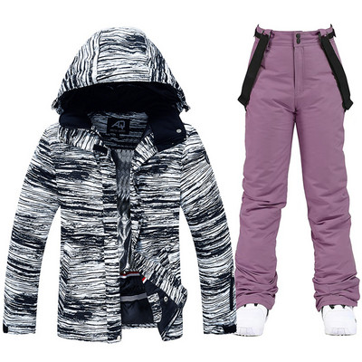 Storas šiltas slidinėjimo kostiumas moterims, vandeniui atsparus šiluminės striukės kelnių rinkinys Moteriški sniego drabužiai lauko snieglenčių apranga Firminė slidinėjimo apranga