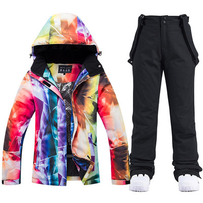 Storas šiltas slidinėjimo kostiumas moterims, vandeniui atsparus šiluminės striukės kelnių rinkinys Moteriški sniego drabužiai lauko snieglenčių apranga Firminė slidinėjimo apranga