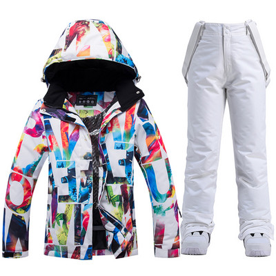 Storas šiltas slidinėjimo kostiumas moterims, vandeniui atsparus šiluminės striukės kelnių rinkinys Moteriški sniego drabužiai lauko snieglenčių apranga Firminė slidinėjimo apranga