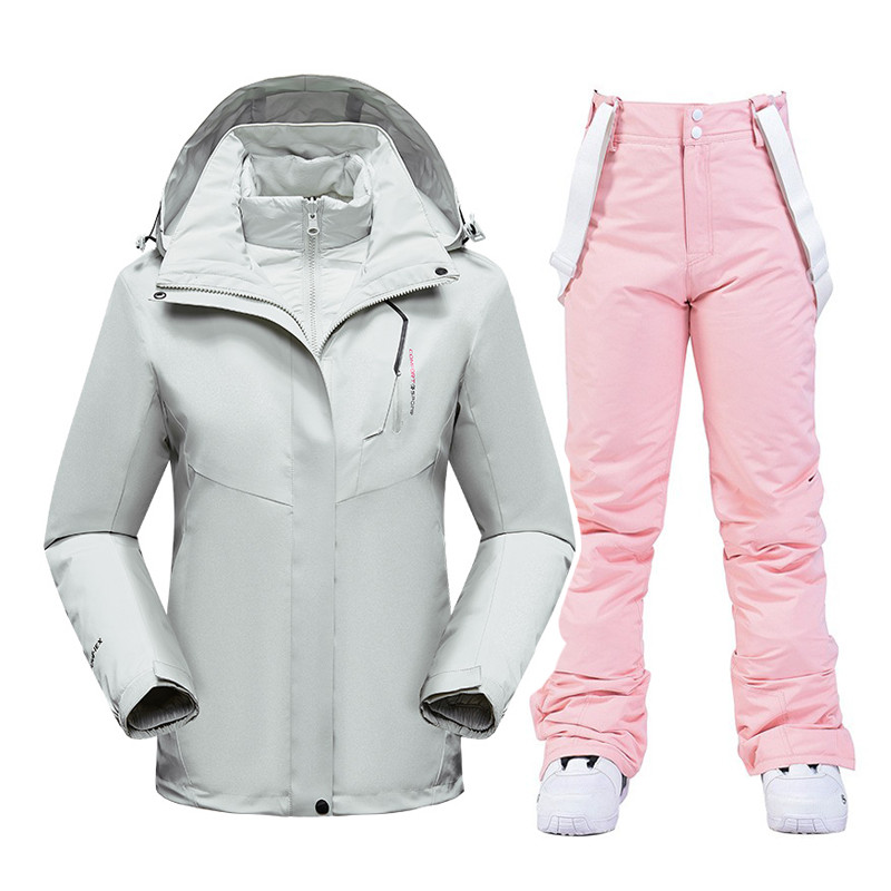 Moteriški snieglenčių kostiumai Nauji vėjui nepralaidūs vandeniui šilti stori sniego kelnės ir pūkinė striukė Slidinėjimo drabužių rinkinys Žieminių slidinėjimo kostiumų prekės ženklai