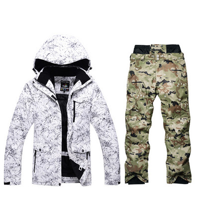 Žiemos vyrų profesionalus snieglenčių rinkinys lauko vandeniui atsparus vėjui 10000 slidinėjimo kostiumo rinkinys sniego striukė ir šiltos kamufliažinės kelnės