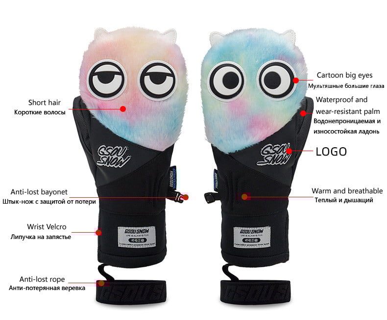 Naujas animacinis filmas Vyriškos arba moteriškos ledinės sniego pirštinės žiemai, šiltos, kvėpuojančios, vandeniui atsparios slidinėjimo snieglenčių pirštinės, delno ir penkių pirštų