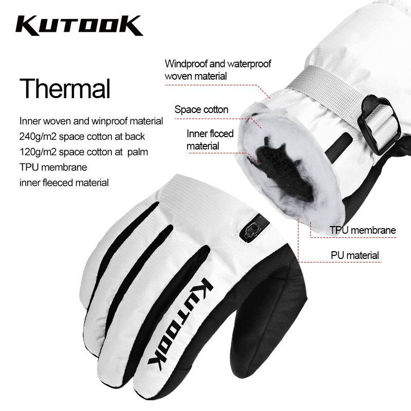KUTOOK žiemos slidinėjimo sniego pirštinės nuo vėjo nepraleidžiančios terminio jutiklinio ekrano neslystantis delnas su užtrauktuku užsegamoms snieglenčių dviračių pirštinėms