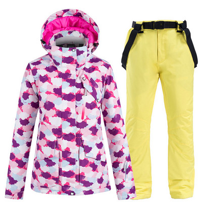 Naujas karštas slidinėjimo kostiumas moterims, vėjui atsparus vandeniui atsparus terminis striukė + sniego kelnių komplektai žiemos lauko slidinėjimo ir snieglenčių striukės kostiumas