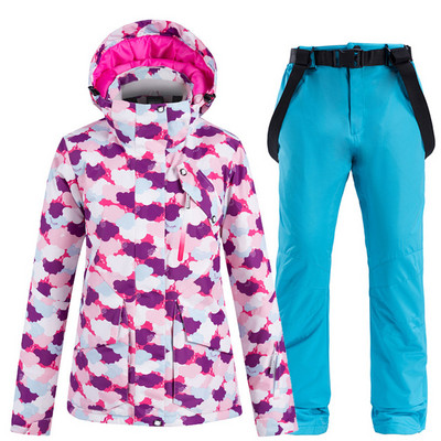 Naujas karštas slidinėjimo kostiumas moterims, vėjui atsparus vandeniui atsparus terminis striukė + sniego kelnių komplektai žiemos lauko slidinėjimo ir snieglenčių striukės kostiumas