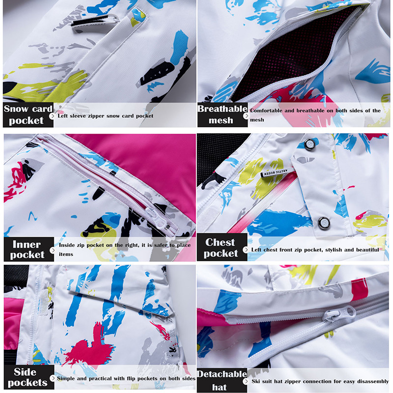 Naujas karštas slidinėjimo kostiumas moterims, vėjui atsparus vandeniui atsparus terminis striukė + sniego kelnių komplektai žiemos lauko slidinėjimo ir snieglenčių striukės kostiumas