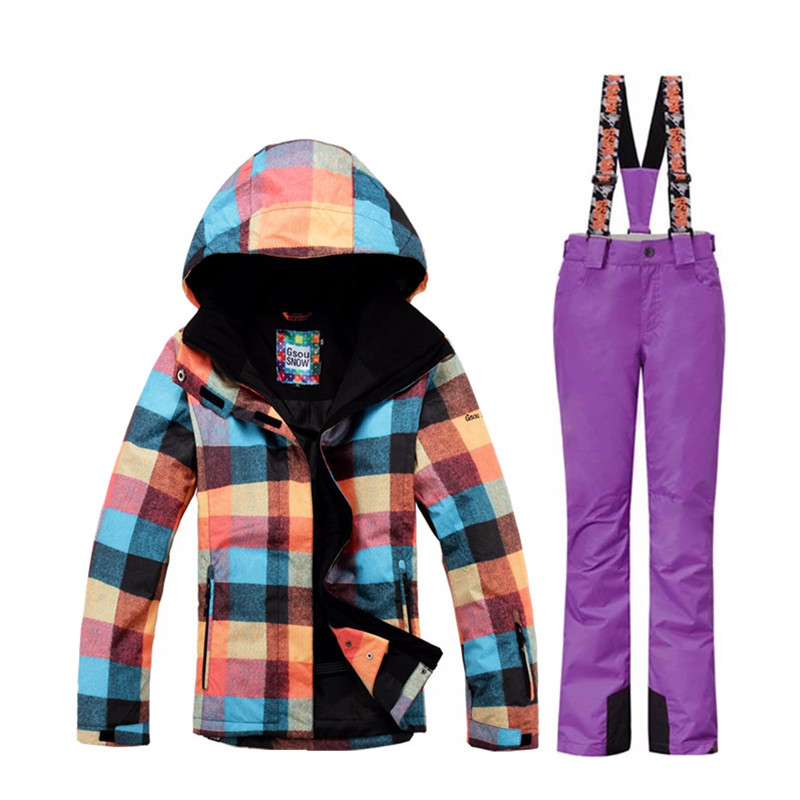Gsou Snow žieminis slidinėjimo kostiumas Moterims slidinėjimo striukė Kelnės Neperšlampamas snieglenčių rinkinys lauko slidinėjimo sportui Snieglenčių kostiumo sportiniai komplektai