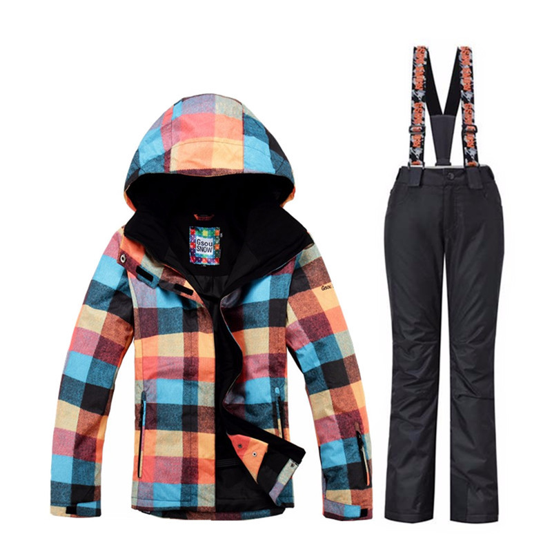 Gsou Snow žieminis slidinėjimo kostiumas Moterims slidinėjimo striukė Kelnės Neperšlampamas snieglenčių rinkinys lauko slidinėjimo sportui Snieglenčių kostiumo sportiniai komplektai