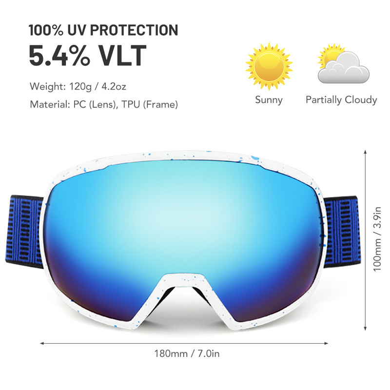 Atsparūs smūgiams slidinėjimo akiniai vyrams Moteriški sniego akiniai 100% UV400 apsauga nuo rasojimo snieglenčių akiniai Super aiškus matymas