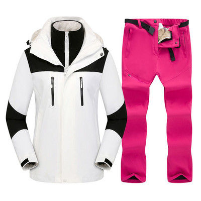2021 m. Moteriškas slidinėjimo kostiumas žiemai, šiltas slidinėjimo gobtuvo komplektas, atsparus vėjui ir vandeniui atsparus 3 viename striukės ir kelnės slidinėjimo snieglenčių kostiumai, sniego kostiumai