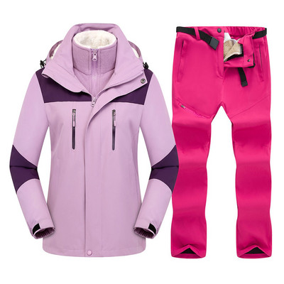 2021 m. Moteriškas slidinėjimo kostiumas žiemai, šiltas slidinėjimo gobtuvo komplektas, atsparus vėjui ir vandeniui atsparus 3 viename striukės ir kelnės slidinėjimo snieglenčių kostiumai, sniego kostiumai