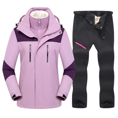 2021 m. Moteriškas slidinėjimo kostiumas žiemai, šiltas slidinėjimo gobtuvo komplektas, atsparus vėjui ir vandeniui atsparus 3 viename striukės ir kelnės slidinėjimo snieglenčių kostiumai, sniego kostiumai