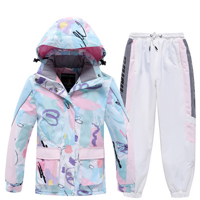 Costum de schi pentru fete, iarna pentru copii, cald, impermeabil, cu imprimeu, costum de schi pentru copii, în aer liber, pentru snowboard, set de jachete și pantaloni de schi pentru fete