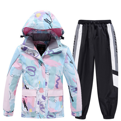 Mergaičių slidinėjimo kostiumas vaikiškas žieminis šiltas, vandeniui atsparus spausdintas slidinėjimo kostiumas vaikams lauko snieglenčių kostiumas mergaičių slidinėjimo striukės ir kelnių rinkinys