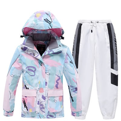 Mergaičių slidinėjimo kostiumas vaikiškas žieminis šiltas, vandeniui atsparus spausdintas slidinėjimo kostiumas vaikams lauko snieglenčių kostiumas mergaičių slidinėjimo striukės ir kelnių rinkinys