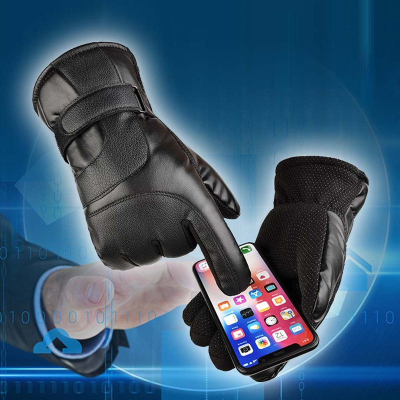 Žieminės šiltos aksominės pirštinės slidinėjimui pliušinės pirštinės PU odos vėjui atsparios neslystančios pirštinės su jutikliniu ekranu, skirtos važinėti dviračiais žygiams bėgioti