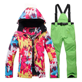 Дамско ски яке и комплект панталони с принт Ски ветроустойчиво водоустойчиво термо яке Дамско зимно ски яке за туризъм на открито + панталон