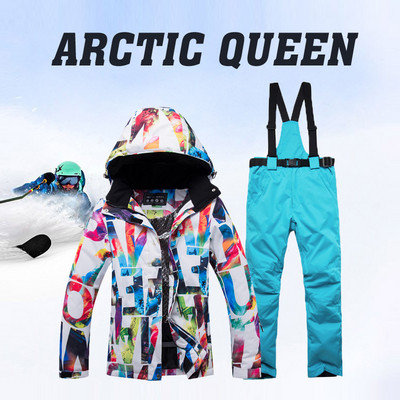 Set jachetă de schi și pantaloni de schi pentru femei cu imprimeu Jachetă termică rezistentă la vânt și impermeabilă Jachetă + pantaloni de schi pentru drumeții în aer liber de iarnă pentru femei