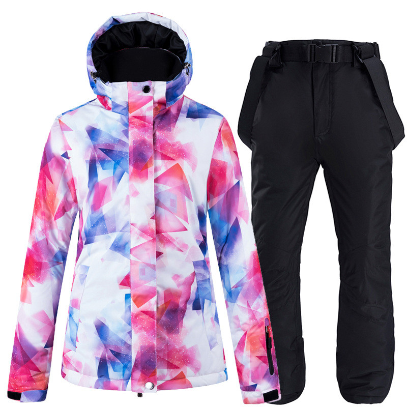 Moteriška slidinėjimo striukė ir kelnių rinkinys Spausdinti slidinėjimo vėjui atspari vandeniui terminė striukė Moteriška žiemos lauko slidinėjimo striukė + kelnės