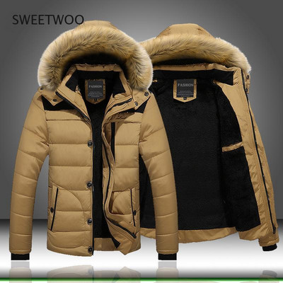 Парка с качулка и кожена яка за мъже, дебело термично палто, топла вълнена подплата, колекция зима 2021 г. M-6XL