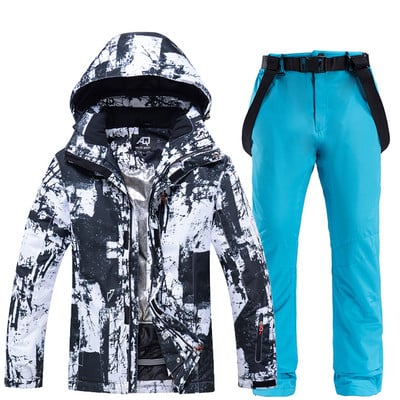 Vyriškos slidinėjimo striukės ir kelnių komplektas, atsparus vėjui, vandeniui, šiltai marginta slidinėjimo striukė Vyriška žiemos lauko striukė sniego striukė + kelnės