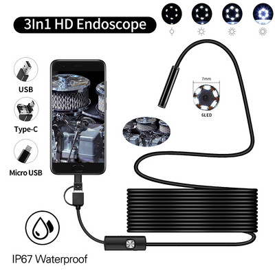 Мини ендоскопска камера Водоустойчива IP67 регулируема мека жица 6 светодиода 7 мм ендоскопска камера за Android USB камера за проверка за кола