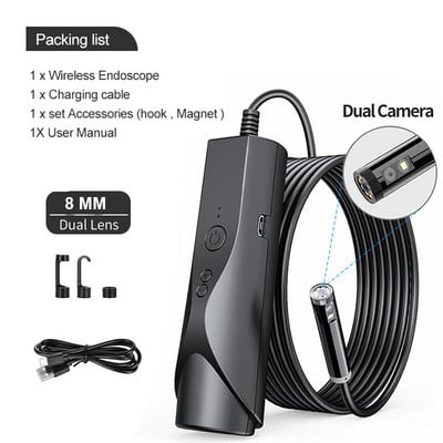 Cameră cu lentilă duală pentru endoscop fără fir 1080P cu 8 lumini LED Cablu boroscop rezistent la apă semi-rigid pentru telefon Android și iOS