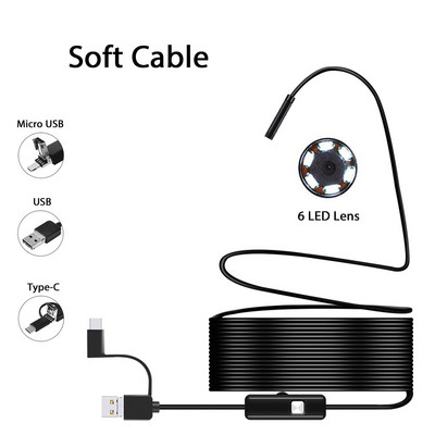 Pramoninė endoskopinė kamera 7 mm IP67 vandeniui atsparus tikrinimo boreskopas 6 LED reguliuojamas Android telefonams Kanalizacija Automobilinis kompiuteris USB Type-C
