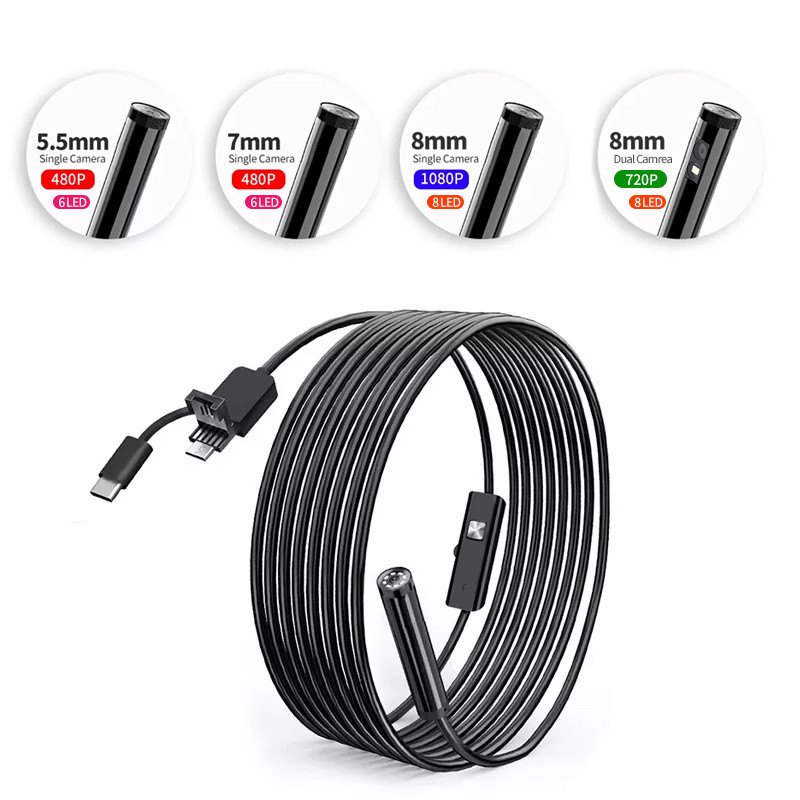 1080P/640P USB endoskopo tikrinimo kamera 3 viename USB / mikro USB / C tipo endoskopo kameros boreskopas su 8 LED, skirtas Samsung Huawei