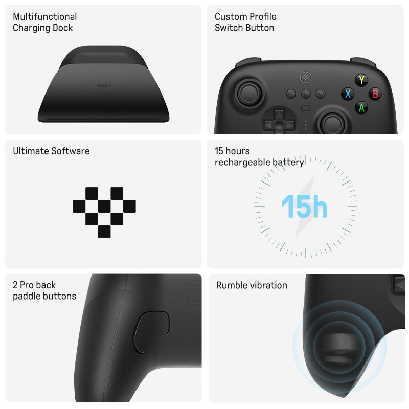 Controler de jocuri 8BitDo Ultimate wireless 2.4G cu stație de încărcare Adaptor 2.4g pentru PC Windows 10 11 Steam Android Raspberry Pi