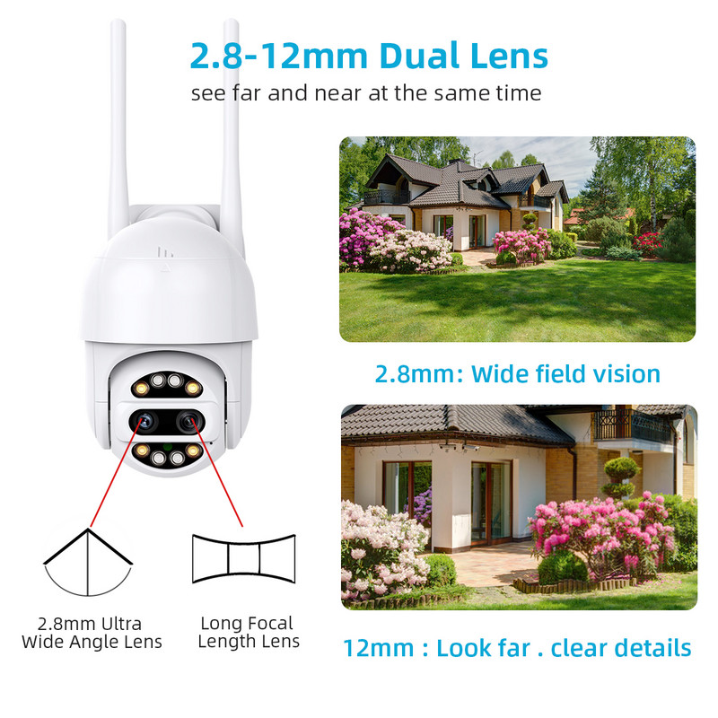 Κάμερα PTZ διπλού φακού 8MP 8X ZOOM WiFi AI Human Detection H.265 ICsee Outdoor Home Security Video Surveillance Κάμερα IP 4K