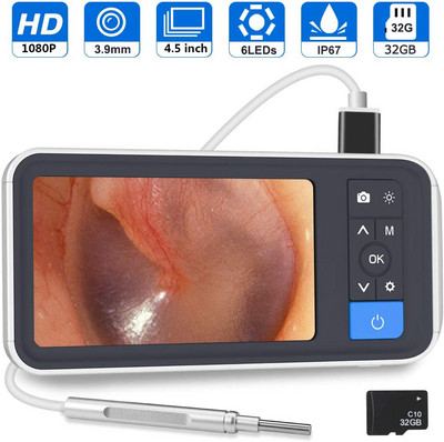 Otoscop digital de 3,9 mm Ecran LCD HD 1080P HD de 4,5 inci Endoscop Camera cu ceară de ureche cu baterie de 2500 mAh și card TF de 32 GB