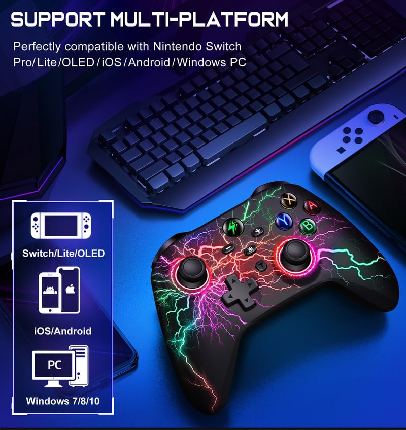 Controler fără fir RGB pentru Nintendo Switch/Switch OLED/Switch Lite/Android/IOS cu taste programabile Gamepad cu fir pentru PC