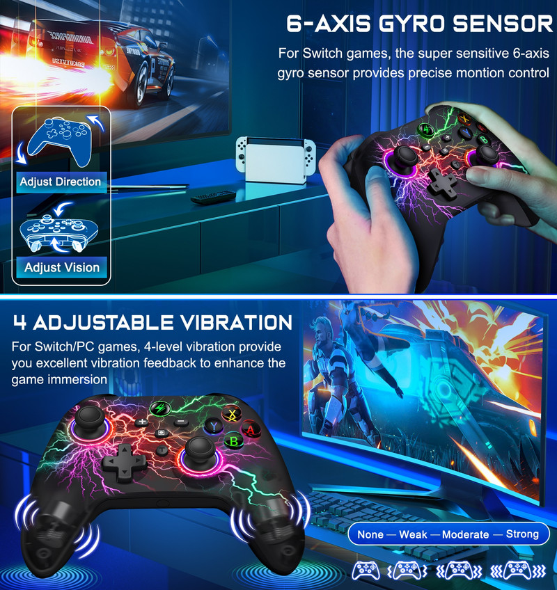 Controler fără fir RGB pentru Nintendo Switch/Switch OLED/Switch Lite/Android/IOS cu taste programabile Gamepad cu fir pentru PC