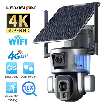 Ηλιακή κάμερα LS VISION 4K 8MP με διπλό φακό 10X/4X Zoom 4G SIM/WIFI Κάμερα ασφαλείας εξωτερικού χώρου Humanoid Έγχρωμη κάμερα νυχτερινής όρασης