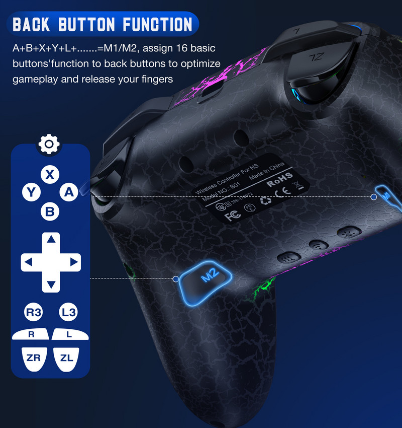 Controler fără fir cu 9 lumini RGB pentru Nintendo Switch/OLED/Lite/Android/IOS/PC cu taste programabile Switch Gamepad