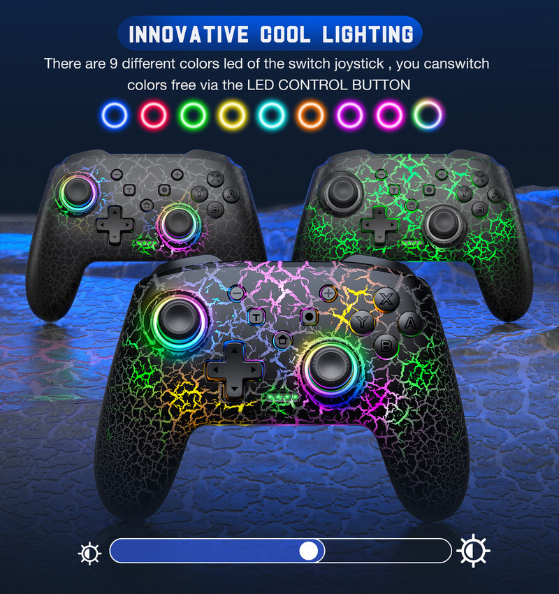 Controler fără fir cu 9 lumini RGB pentru Nintendo Switch/OLED/Lite/Android/IOS/PC cu taste programabile Switch Gamepad