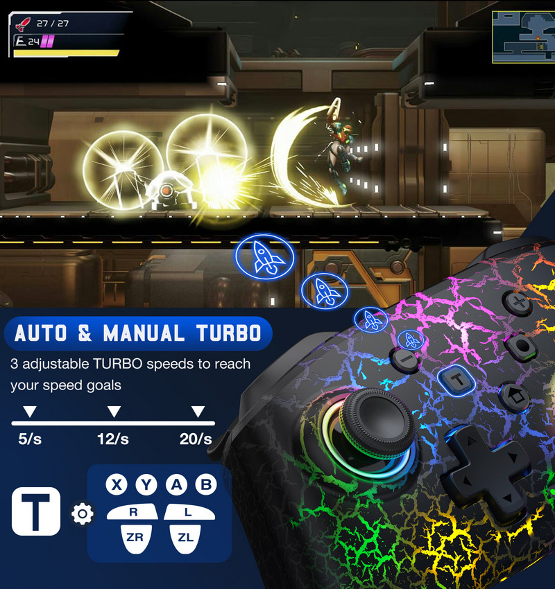 Controler fără fir cu 9 lumini RGB pentru Nintendo Switch/OLED/Lite/Android/IOS/PC cu taste programabile Switch Gamepad