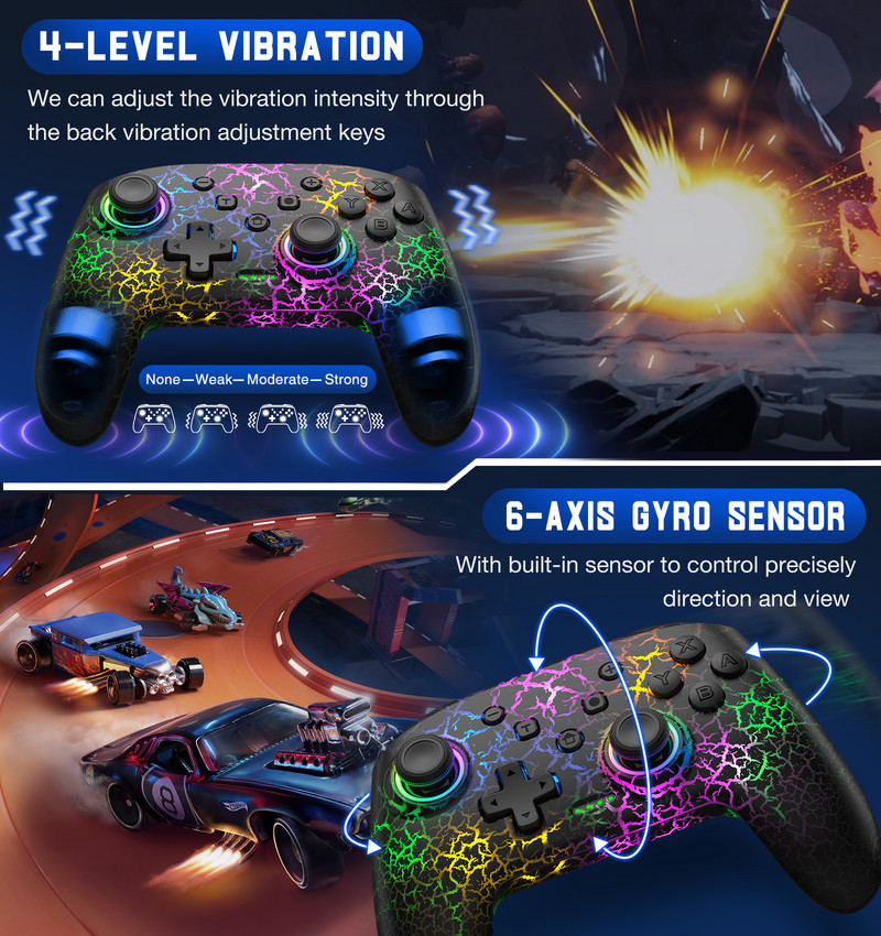 Controler fără fir cu 9 lumini RGB pentru Nintendo Switch/OLED/Lite/Android/IOS/PC cu taste programabile Switch Gamepad