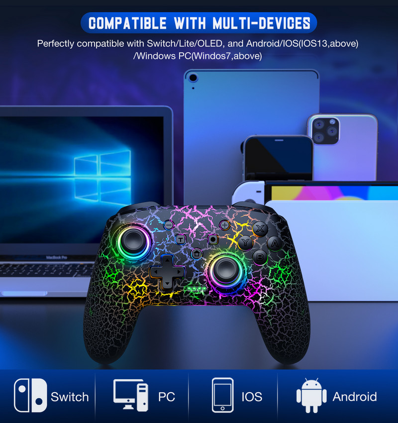 Controler fără fir cu 9 lumini RGB pentru Nintendo Switch/OLED/Lite/Android/IOS/PC cu taste programabile Switch Gamepad