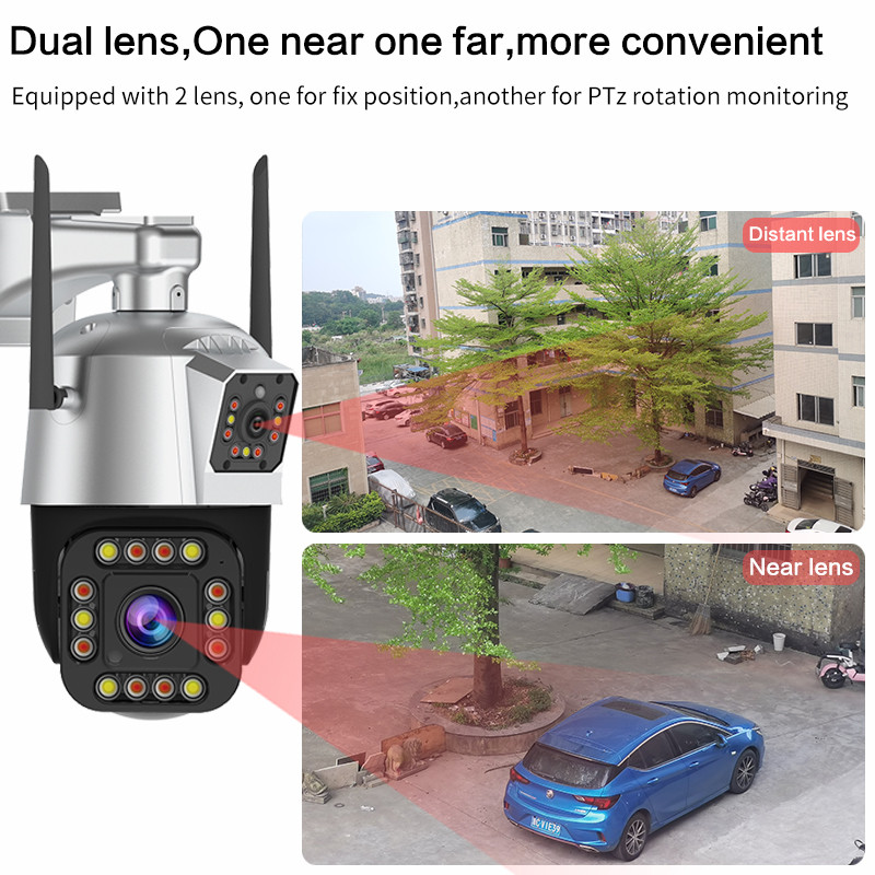 Κάμερα 3MP διπλού φακού PTZ Εξωτερική κάμερα εγγραφής βίντεο Ταχύτητα θόλος Εξωτερικό WiFi Ασφάλεια Κάμερα CCTV Σειρήνα Έγχρωμη κάμερα νυχτερινής όρασης