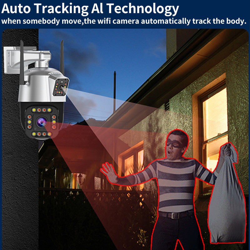 Κάμερα 3MP διπλού φακού PTZ Εξωτερική κάμερα εγγραφής βίντεο Ταχύτητα θόλος Εξωτερικό WiFi Ασφάλεια Κάμερα CCTV Σειρήνα Έγχρωμη κάμερα νυχτερινής όρασης