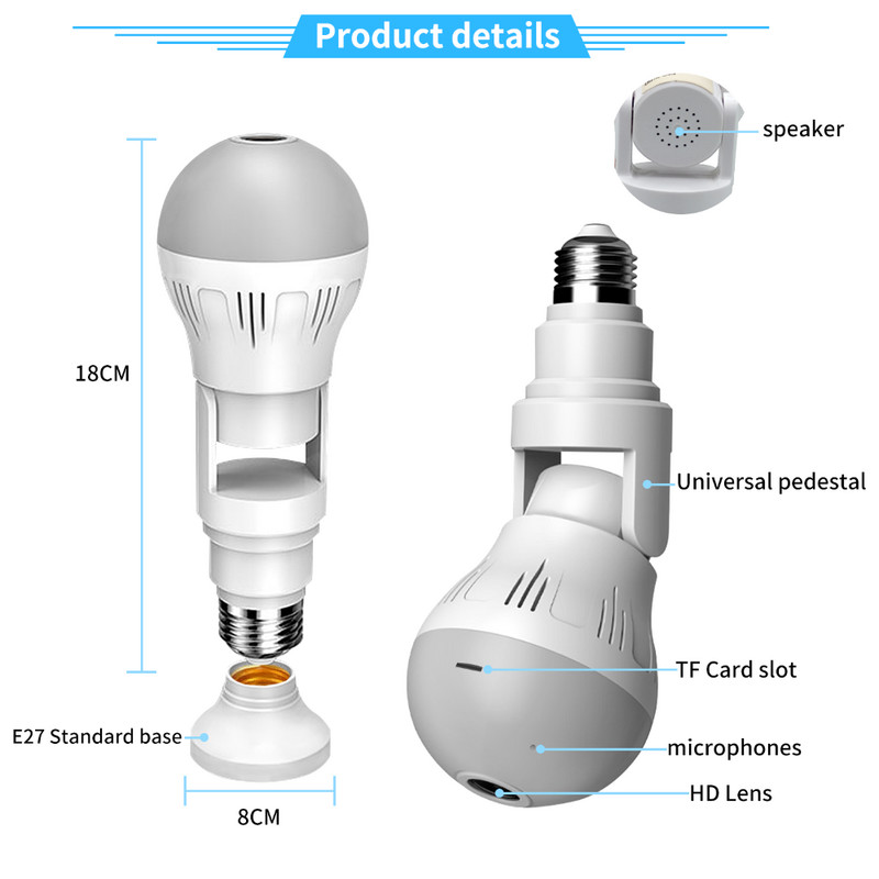 3MP 5MP Wifi Πανοραμική κάμερα CCTV επιτήρησης βίντεο Fisheye Panoramic Bulb CCTV Video Night Vision Ασύρματη κάμερα IP