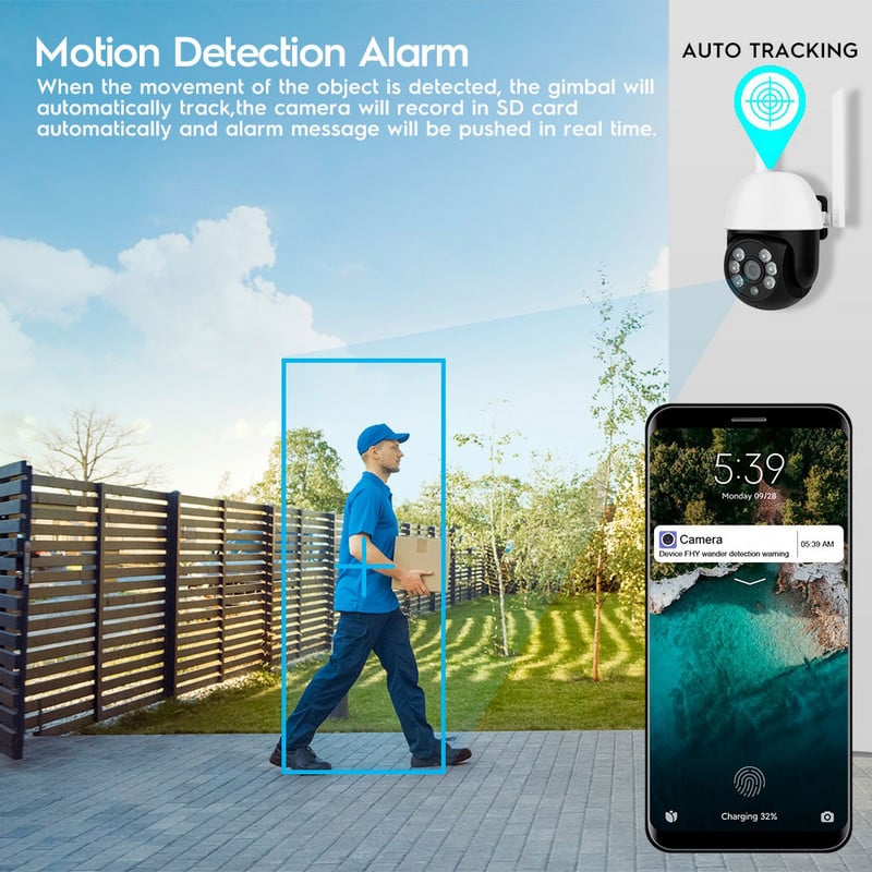Camhi IP kamera P2P 1080P HD WiFi krāsu nakts redzamības automātiskās izsekošanas novērošanas tīmekļa kameras āra drošības monitors CamhiPro APP